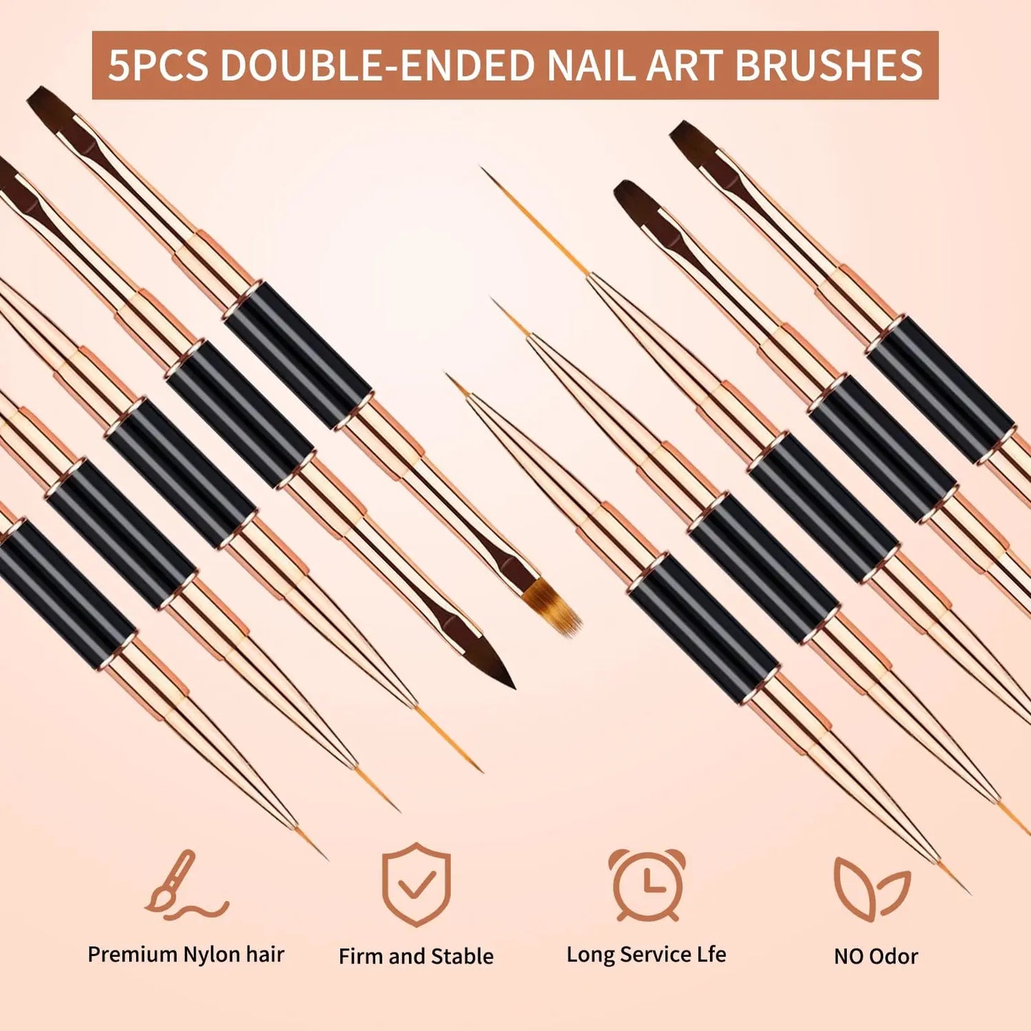 Nail Art Brushes Set - Professional 5pcs Double-Ended Acrylic Nail Art Brushes Liner Detail Brushes For Drawing Design Brushes